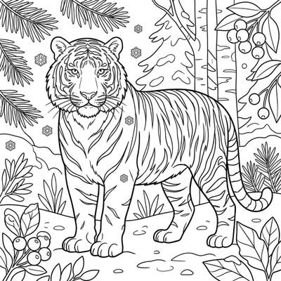 Immerse yourself in the beauty of winter with this striking Siberian Tiger coloring page, thoughtfully designed for seniors. Its clear, bold lines and serene snowy backdrop offer a relaxing and engaging artistic experience.
