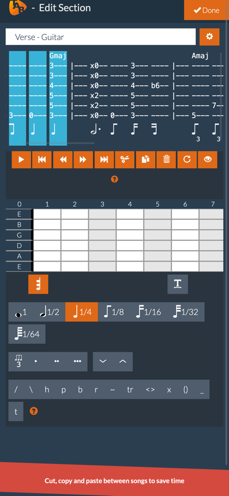 Mobile app interface for editing guitar tabs featuring a fretboard grid and musical notation tools