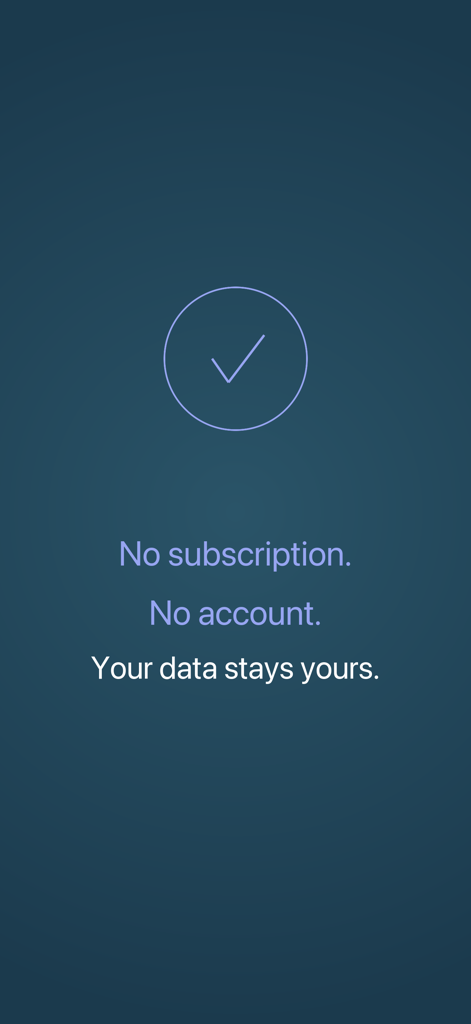 Appoint - Smart Calendar - Captura de pantalla del calendario Appoint destacando funciones de ausencia de suscripción, sin cuenta y privacidad de datos.