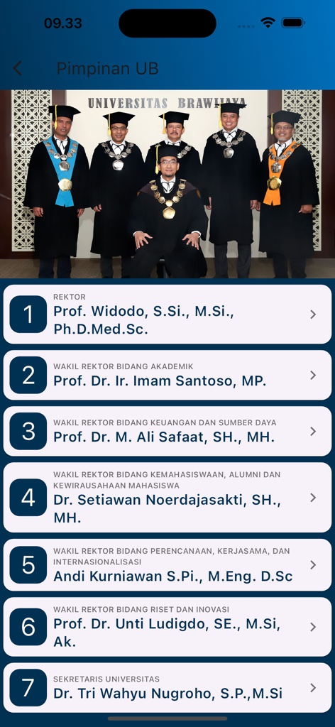 Gapura UB - A list of university leadership and executive profiles on the Gapura UB mobile app.