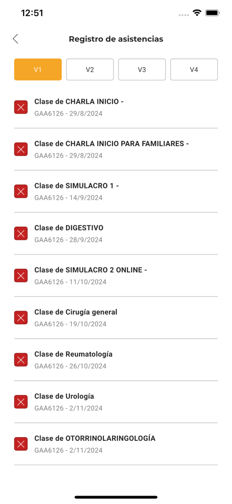 CTO - Attendance registration screen in the CTO app displaying a list of medical classes and mock exams with status indicators.