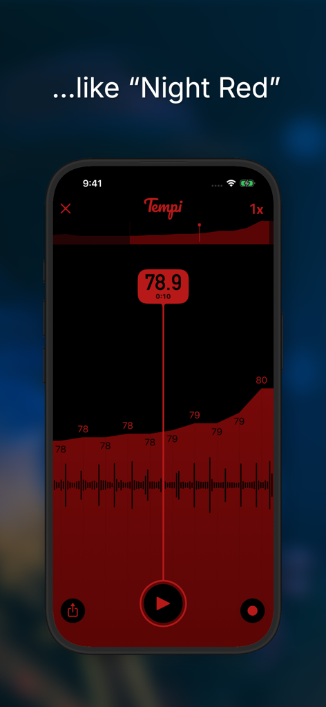Tempi: BPM Counter & Detector - Interfaccia dell'app Tempi BPM Counter in modalità Night Red che mostra l'analisi del tempo in tempo reale.