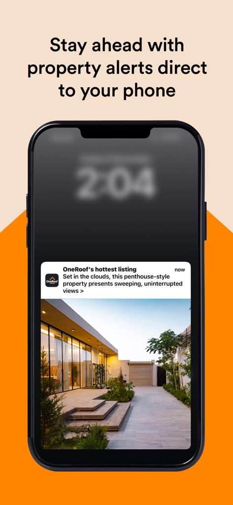 A smartphone displaying a OneRoof real estate push notification for a new property listing.