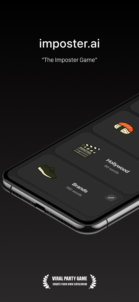 imposter.ai - imposter ai パーティーゲームの様々なゲームカテゴリ（ハリウッドやブランドなど）を表示する携帯電話の画面