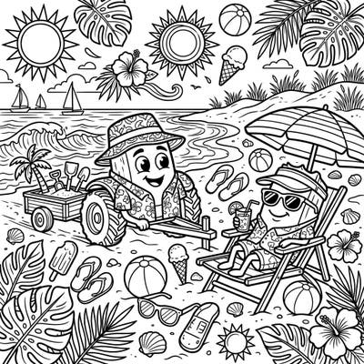 Dive into an unexpectedly delightful summer scene as our friendly manure spreaders enjoy a sunny beach vacation! This whimsical coloring page is packed with fun details, from ocean waves to tropical treats, perfect for bringing vibrant colors to life.