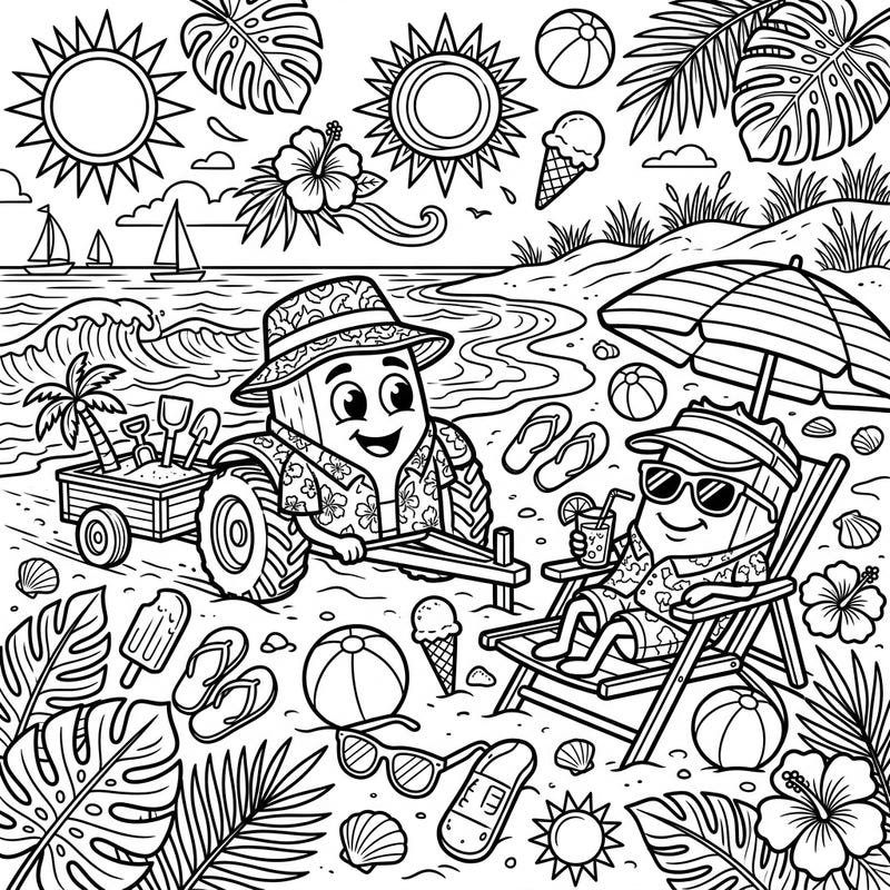 Dive into an unexpectedly delightful summer scene as our friendly manure spreaders enjoy a sunny beach vacation! This whimsical coloring page is packed with fun details, from ocean waves to tropical treats, perfect for bringing vibrant colors to life.
