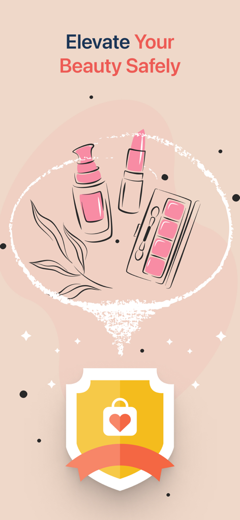 Little Bean app interface showing Elevate Your Beauty Safely message with cosmetic product illustrations and a safety shield icon