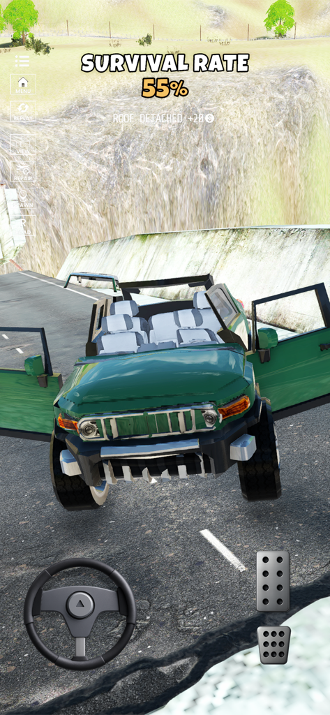 Gameplay mostrando un SUV verde dañado en el simulador Car Survival Rate.