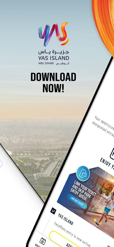 Tela de download do aplicativo Yas Island Abu Dhabi com entrada FacePass e recursos de pular fila