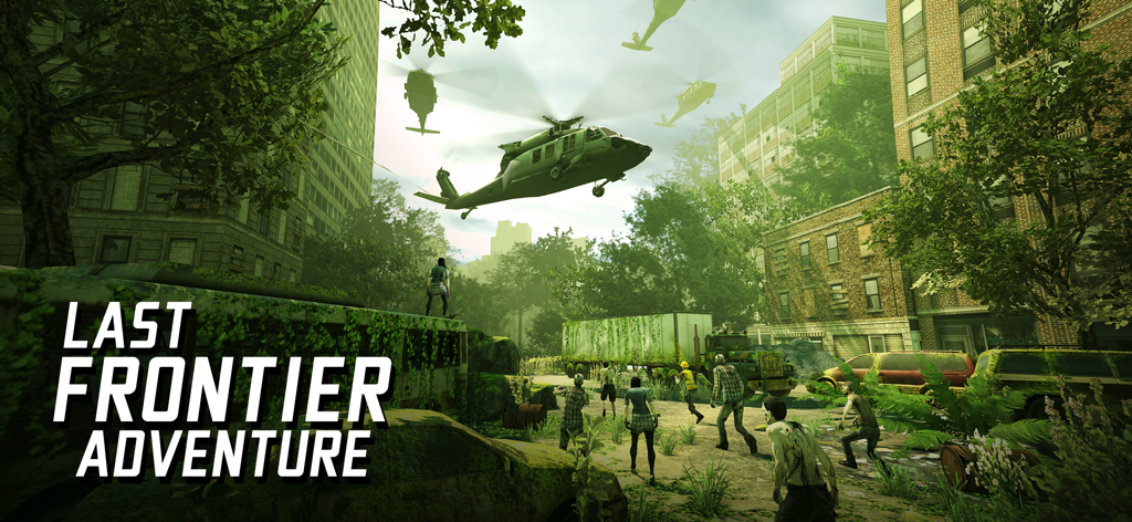 Zombie Sniper War 3D: Dead FPS - Paisaje urbano post-apocalíptico con zombis y helicópteros militares