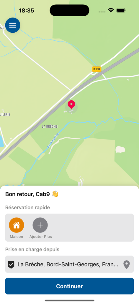 iGO Mobilite - Interfaz de la aplicación iGO Mobilite mostrando un mapa con un marcador de ubicación y opciones de reserva de viaje en francés