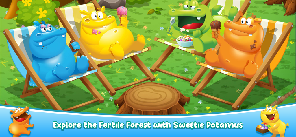 Four colorful hippos from the Hungry Hungry Hippos app relaxing on lounge chairs in the Fertile Forest