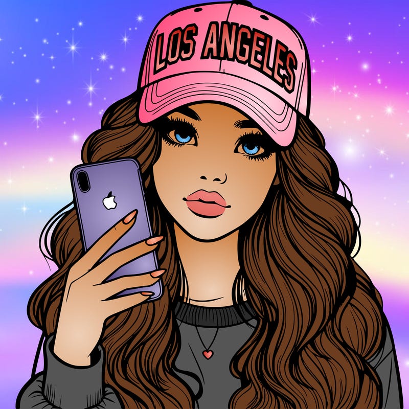 realistic beautiful girl wearing los ángeles cap holding an iphone