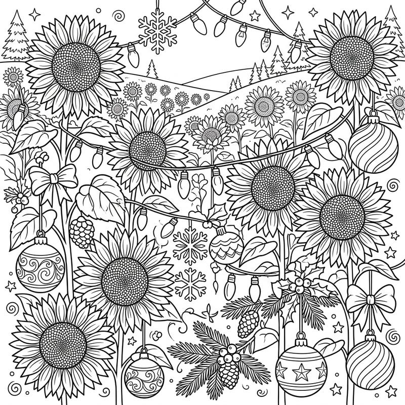 Discover a truly unique coloring experience blending the golden warmth of sunflower fields with the joyous spirit of Christmas. This intricate design offers a delightful challenge for all ages, perfect for bringing summer and winter together.