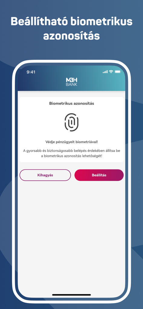 Pantalla de configuración de autenticación biométrica de MBH Vallalati App que muestra un icono de huella digital y botones para configurar o omitir.