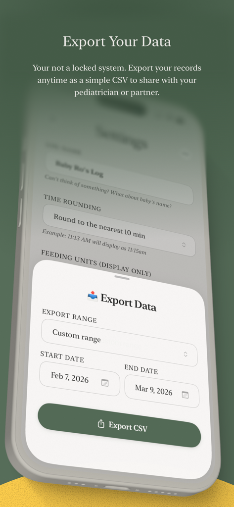 BabyRo — Simple Baby Tracker - BabyRo app screen showing the option to export baby records as a CSV file