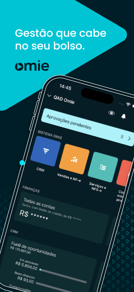 Painel do aplicativo de gestão empresarial Omie no iPhone mostrando CRM e visão geral financeira