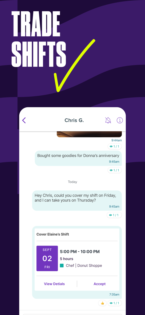 Homebase: Team Management - Mobile app screen showing a team chat where employees can request and accept shift trades