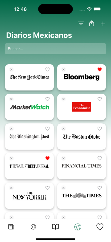 Diarios Mexicanos - Diarios Mexicanos app showing a grid of international newspaper logos including Bloomberg and The New York Times