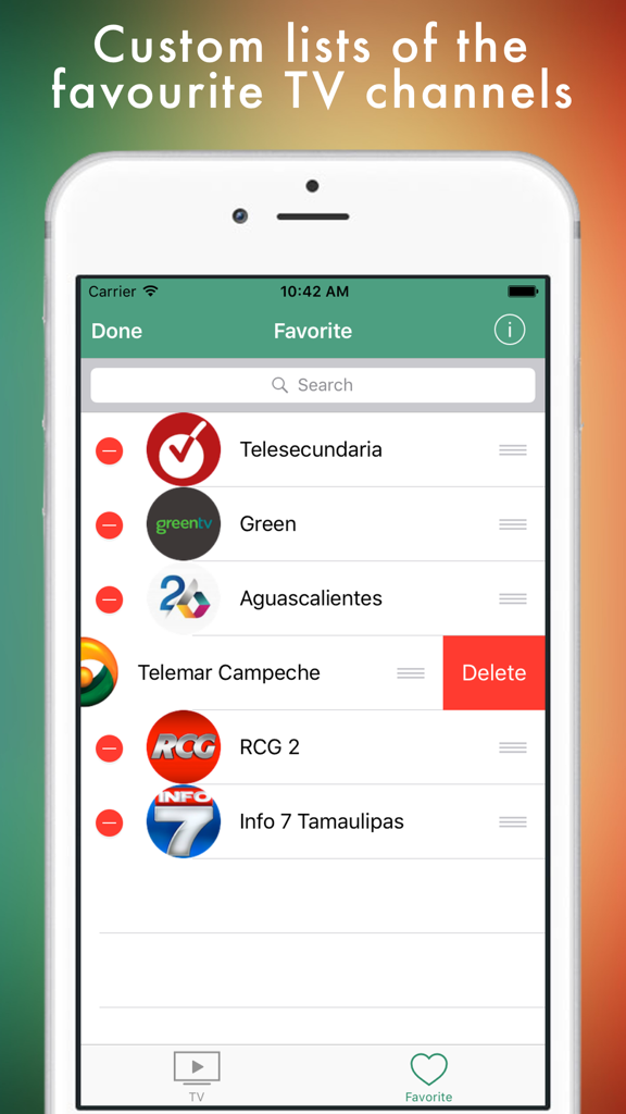 A list of favorite Mexican television channels displayed on the TV Mexicana mobile app interface.