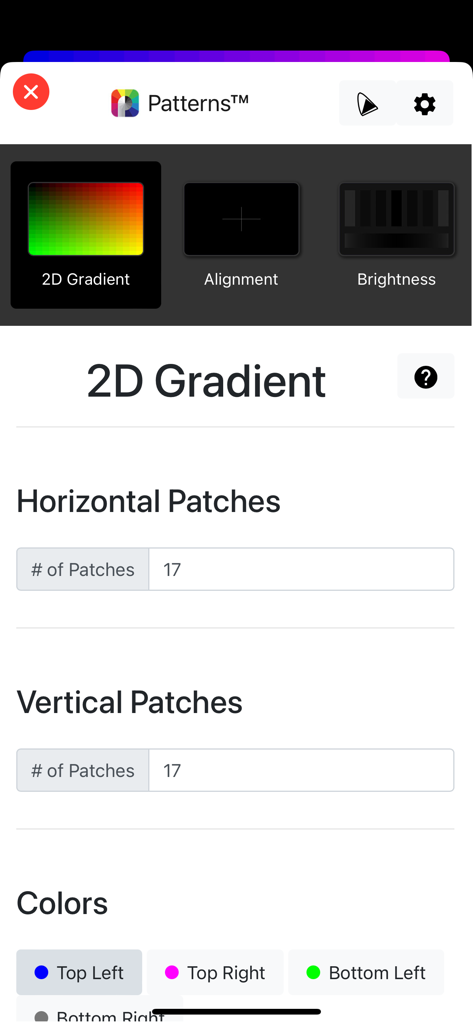 Patterns Mobile - Interface do Patterns Mobile mostrando configuração de gradiente 2D para calibração de display
