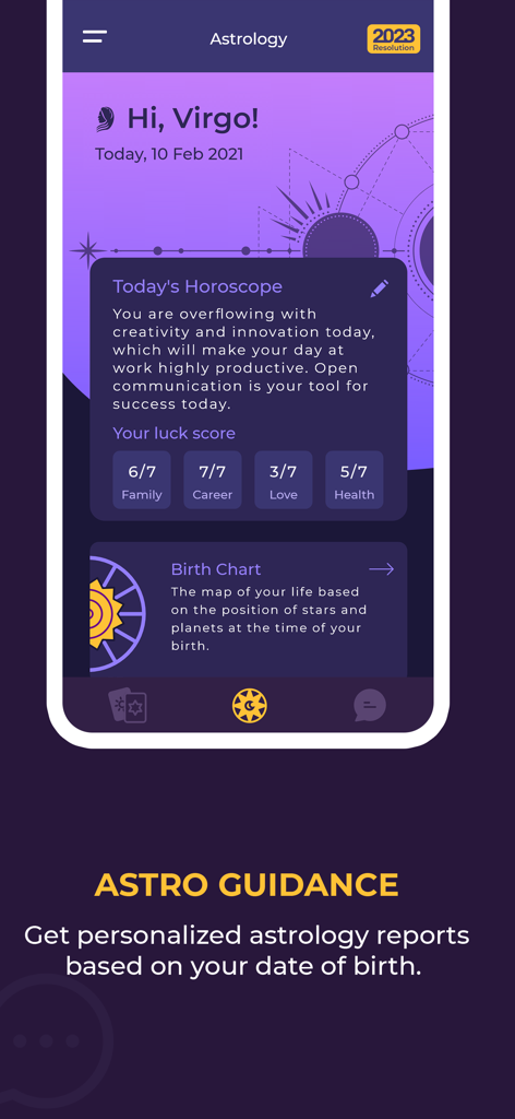 Pantalla del horóscopo diario para Virgo mostrando puntuaciones de suerte para familia, carrera, amor y salud.
