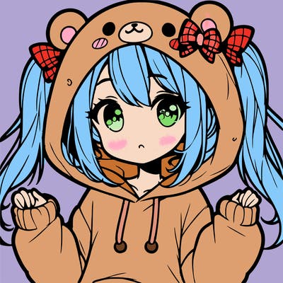 cute anime girl with ponytails and a cute bear hoodie