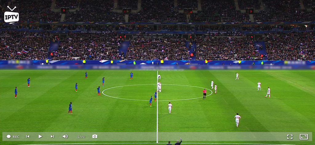 IPTV Smart Pro - Live TV - Live-Fußballspiel-Streaming auf der IPTV Smart Pro-Oberfläche mit Aufnahme- und Wiedergabesteuerungen