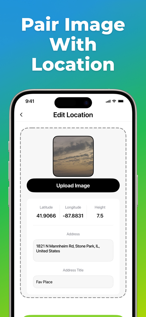 A smartphone screen showing how to upload and pair a custom photo with precise GPS coordinates and address details in the Loc Saver app.