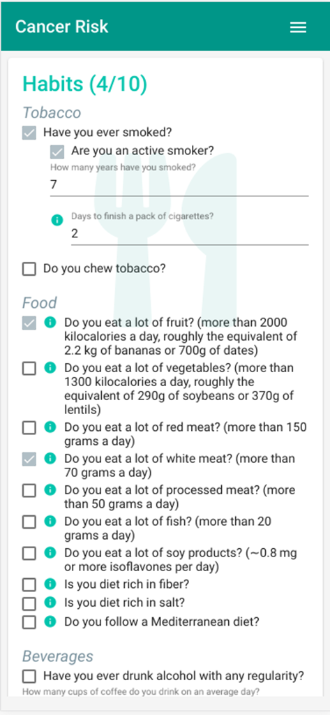 A screenshot of the Cancer Risk Calculator app showing a habits questionnaire about tobacco use and food intake