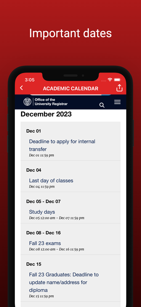 Cornell Student App - Screenshot of the Cornell Student App showing the academic calendar with important dates like exam periods and class deadlines
