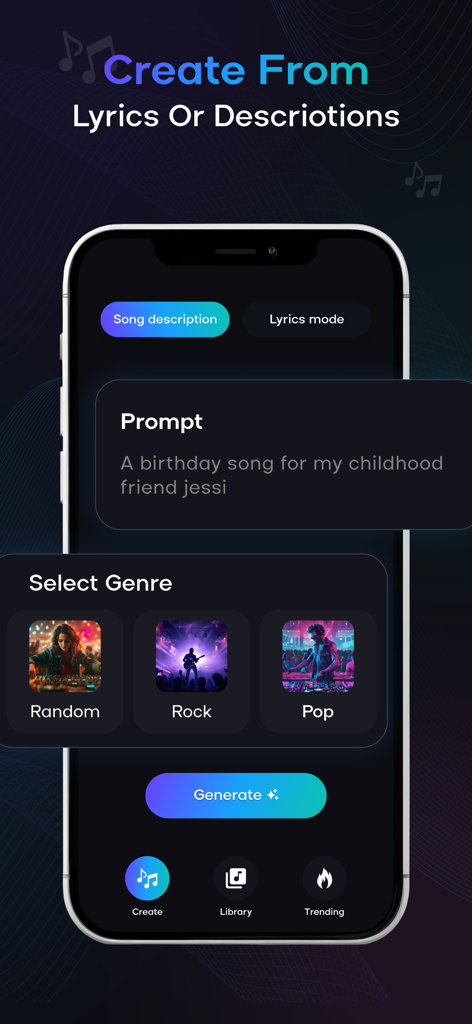 Interface do aplicativo Ai Sound mostrando a tela de criação com um prompt de texto para uma música de aniversário e opções de gênero como Rock e Pop.