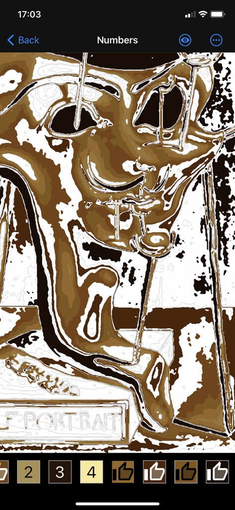 Paint By Number Creator - A paint by number pattern of a surrealist artwork with numbered sections and a brown color palette.