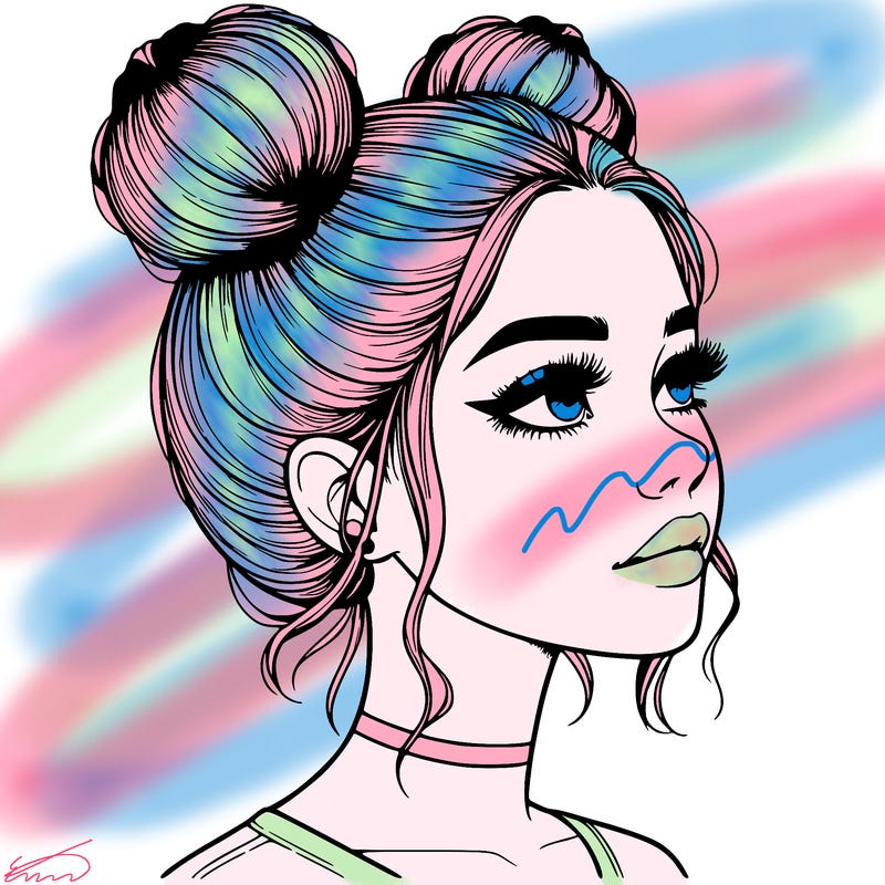 realistic girl with buns on the top of her head