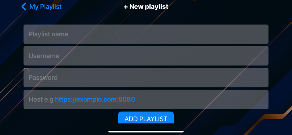 IPTV Smarter Player Plus - Schermata di aggiunta nuova playlist con campi per nome, nome utente, password e URL host nell'app IPTV Smarter Player Plus