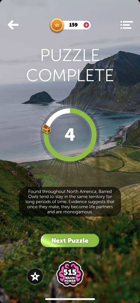 Words of the World! - A puzzle complete screen in the Words of the World app featuring a scenic coastal landscape and a trivia fact about owls.