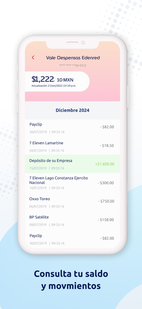 Edenred Wallet app interface showing current account balance and recent transaction history