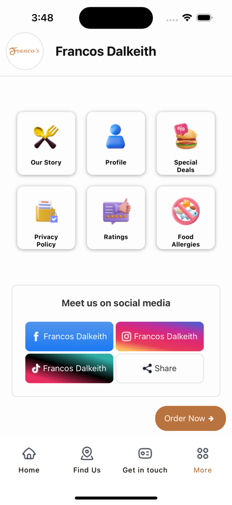 Francos Takeaway - Menu screen of the Francos Dalkeith mobile app showing special deals and social media links
