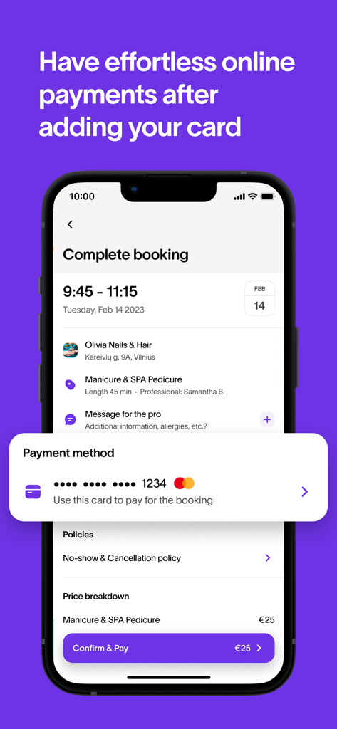 Watalook: Book Beauty Services - Pantalla de la aplicación Watalook para completar una reserva de servicio de belleza con pago en línea.