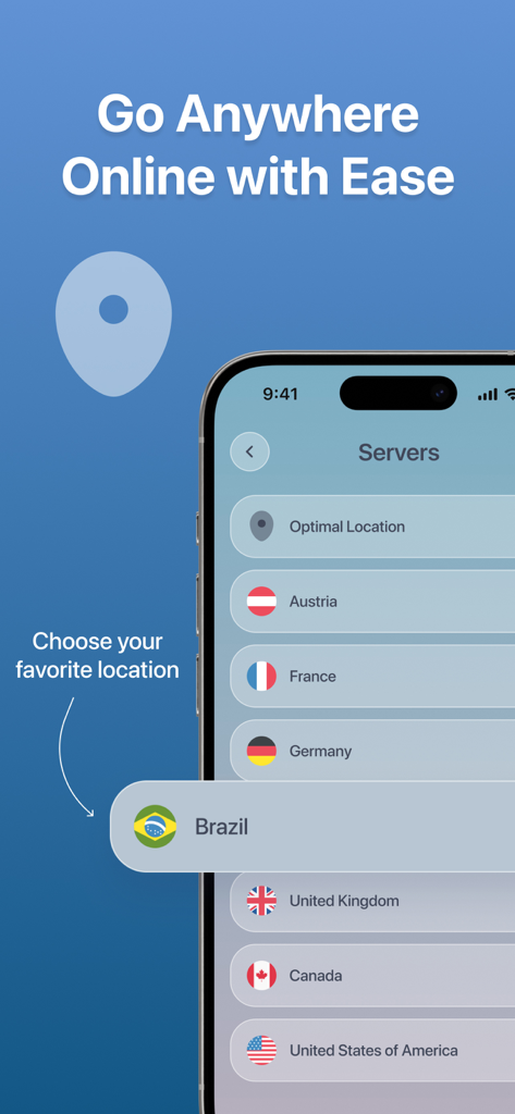 A list of global VPN server locations including the USA, UK, and Brazil in the Fortyx VPN app