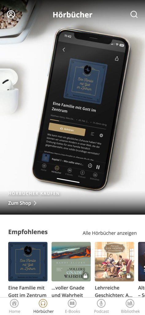 Christliche Medien - iPhone-Bildschirm zeigt die Christliche Medien App mit einem christlichen Hörbuch über Familie und Glauben