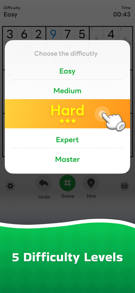 Sudoku Now! - Interfaz del juego de puzzles Sudoku Ahora mostrando cinco niveles de dificultad, de Fácil a Maestro