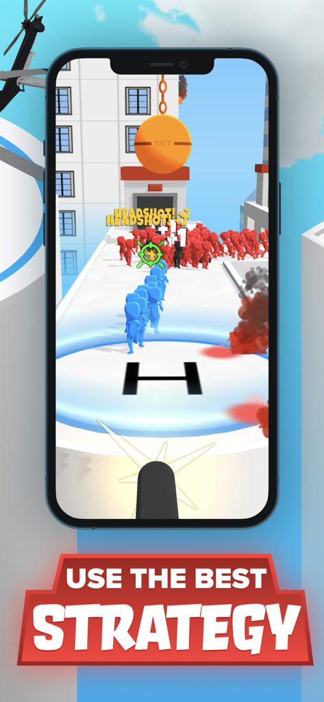 Z Escape gameplay showing survivors running to a helipad chased by a red zombie crowd.