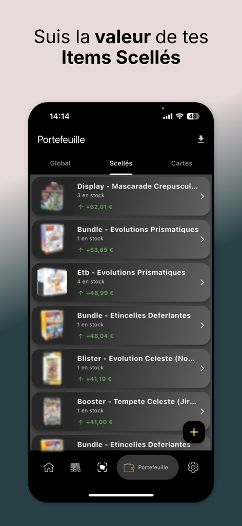 iEstims - Interfaz de la app iEstims mostrando el seguimiento del valor de mercado para productos sellados de cartas Pokémon