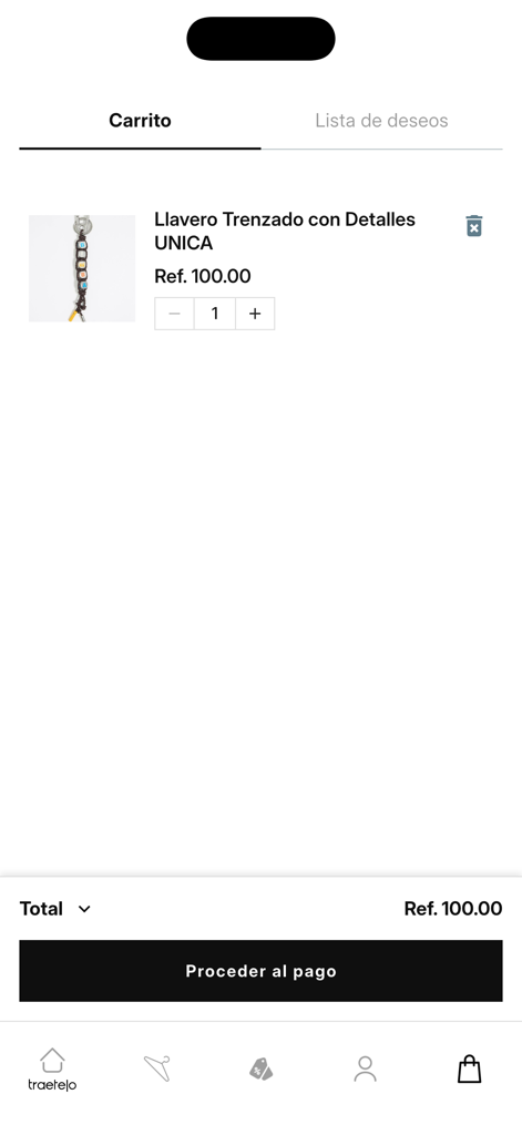 Traetelo Fashion Shopping - Schermata del carrello della spesa dell'app Traetelo con un prodotto e un pulsante di checkout