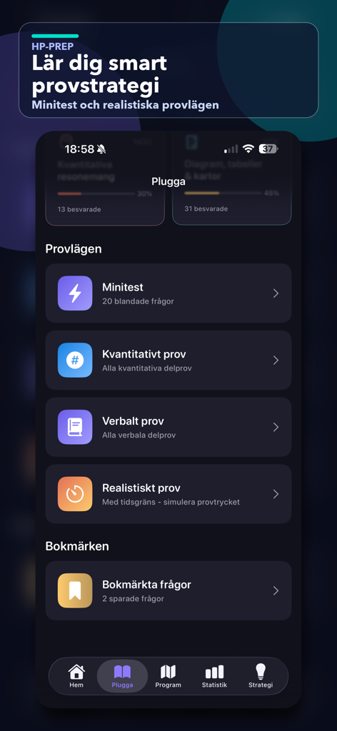 Högskoleprovet - HP prep - Mobile app interface of HP Prep showing various test modes including mini tests and realistic exam simulations for the Swedish Scholastic Aptitude Test