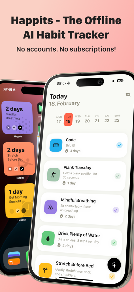 Happits: Local AI Habits - Happits app interface displaying a list of daily habits and interactive home screen widgets on iPhone.
