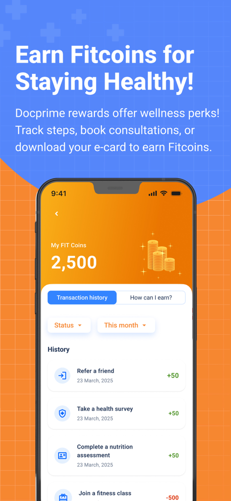 Docprime - Mobile app screen showing Fitcoins balance and transaction history for healthy activities.
