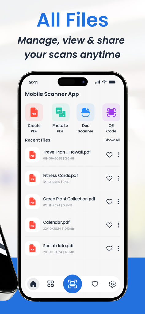 Mobile Scanner App screen displaying a list of recently scanned PDF files and quick access scanning tools