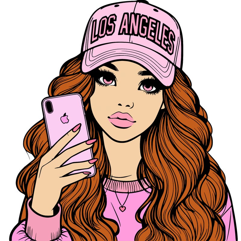 realistic beautiful girl wearing los ángeles cap holding an iphone